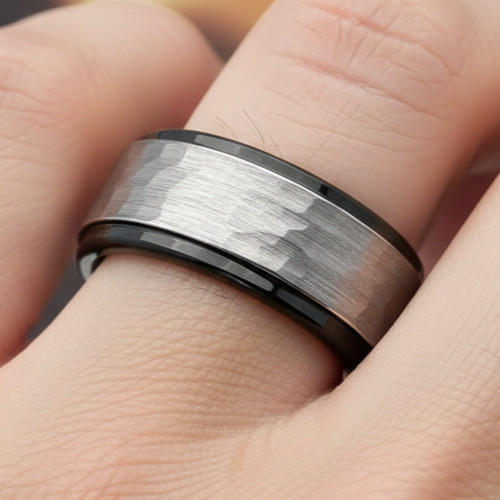 8mm Black Tungsten Wedding Band - hammered Gunmetal Brushed Finish Ring