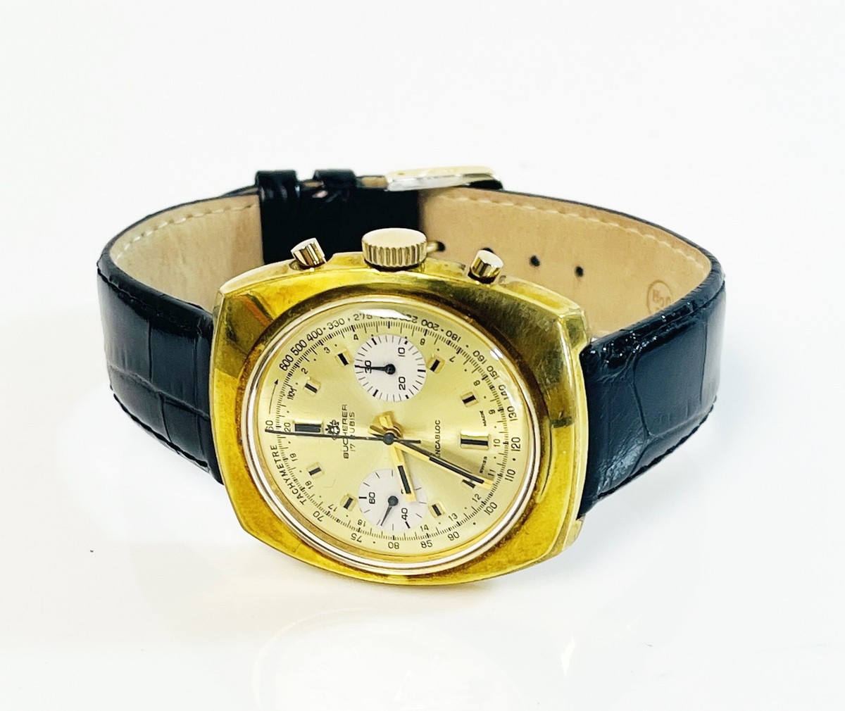 Vintage Bucherer Chronograph Style 38mm Gold Tone Mens Watch