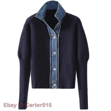 Women Autumn Winter Knitted Sweater Denim Stitching Jacket Knitwear Outwear