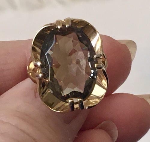 Vintage Chucky Smoky Faceted Large Topaz Quartz Ring 18K HGE Size 5.5 - Picture 12 of 14