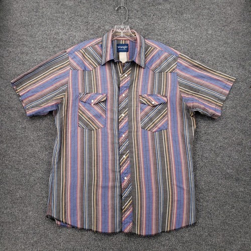 VINTAGE Wrangler Button Up Shirt Mens XL Blue Western Pearl Snap Striped