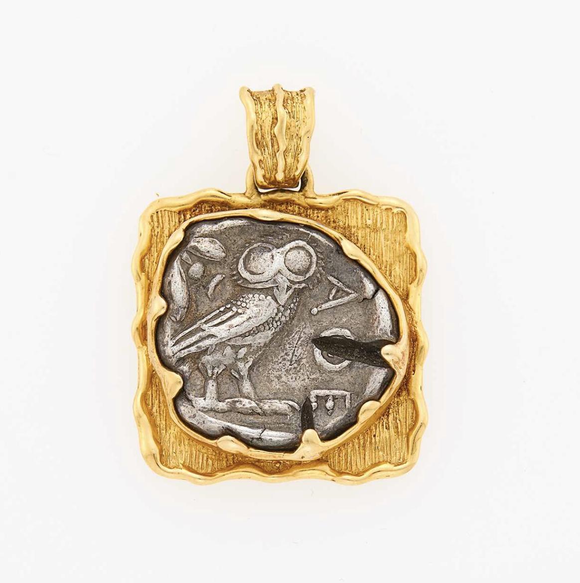 Antique Gold Brushed Tetradrachm Greek Coin Pendant Circa 400-413