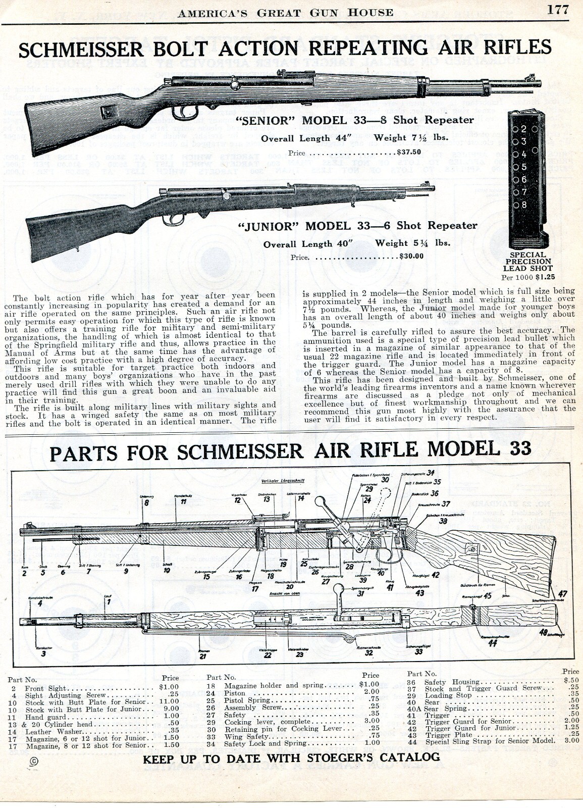 1939 Print Ad of Schmeisser Model 33 Bolt Action Air Rifle & Parts List