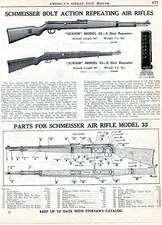 1939 Print Ad of Schmeisser Model 33 Bolt Action Air Rifle & Parts List