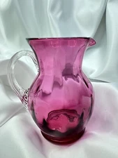 Vtg Small Handmade Pilgrim Red/Purple Pitcher  With Applied Clear Handle EUC