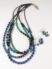 Vintage Petite Blue Green Glass Beads Necklace Earrings Set 11" Pierced C4791
