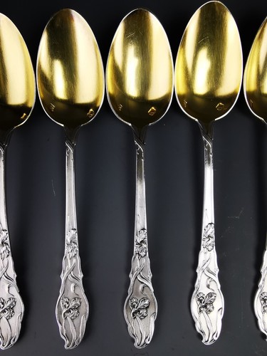 RAVINET D'ENFERT - 12 Teaspoons - IRIS Art nouveau - French Sterling Silver - Picture 1 of 9