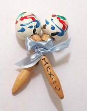 Vtg 1950 60s Mexico Souvenir TWO MARACAS RUMBA SHAKERS White Blue Red Brooch Pin