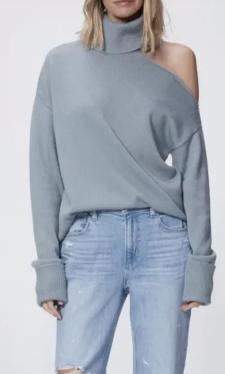 New PAIGE Women s Raundi Cutout Shoulder Sweater In Stone Blue