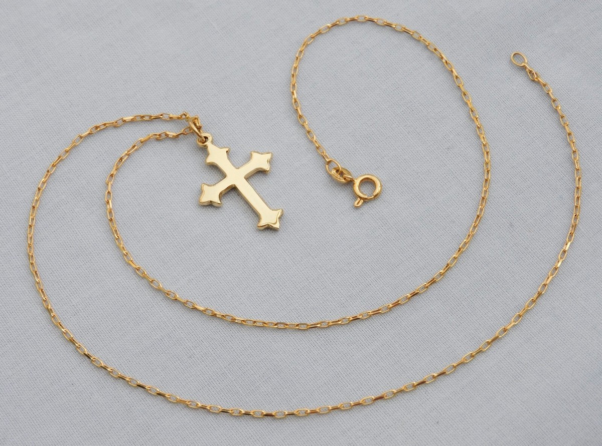 14k Gold 9ct Gold Sideways Cross Necklace STUNNING 9CT YELLOW GOLD PLAIN  MEDIEVAL CROSS PENDANT ON 20