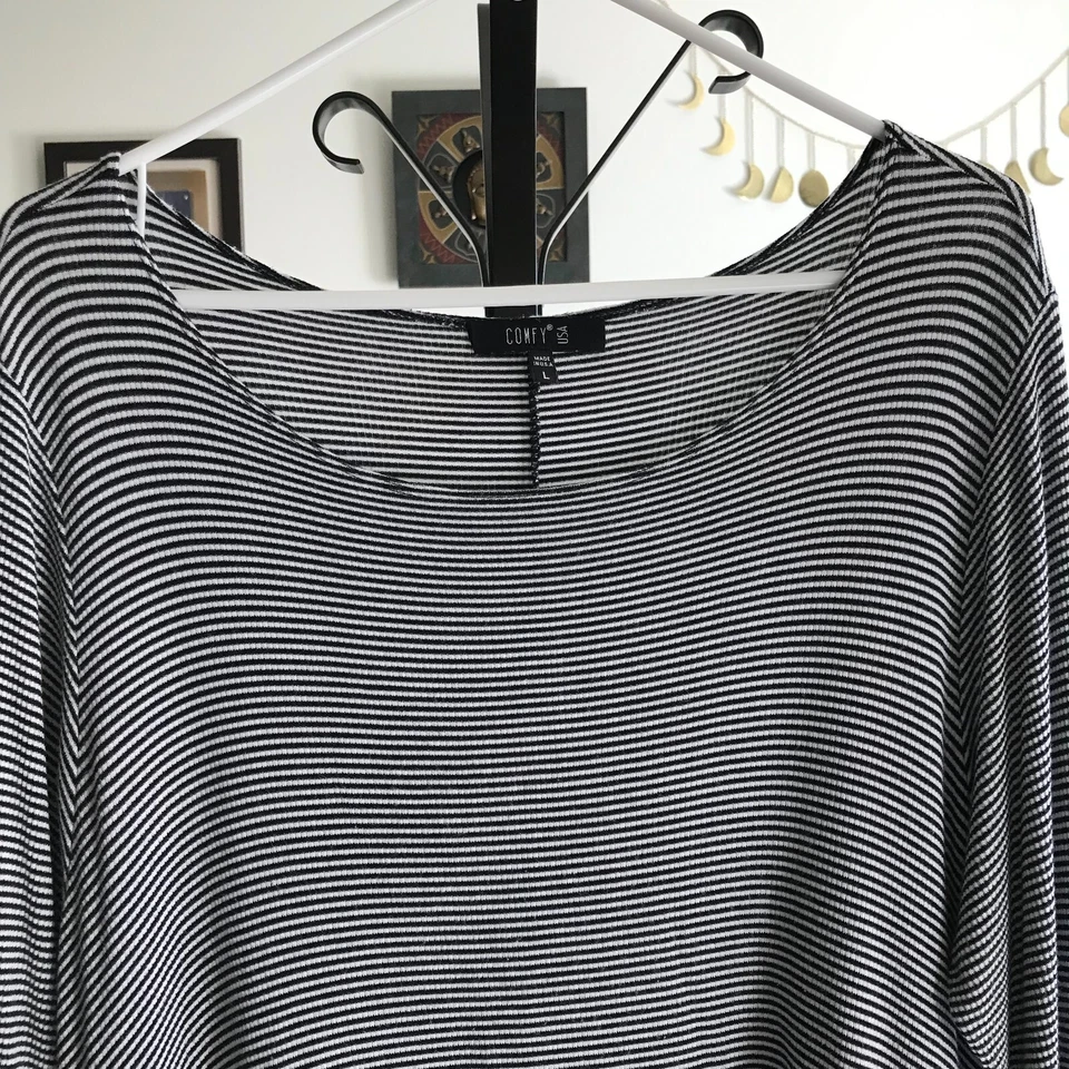 УДОБНЫЙ США размер L черный и белый в полоску ребристый вязаный декольте драпировки туника Топ - Изображение 2 из 4