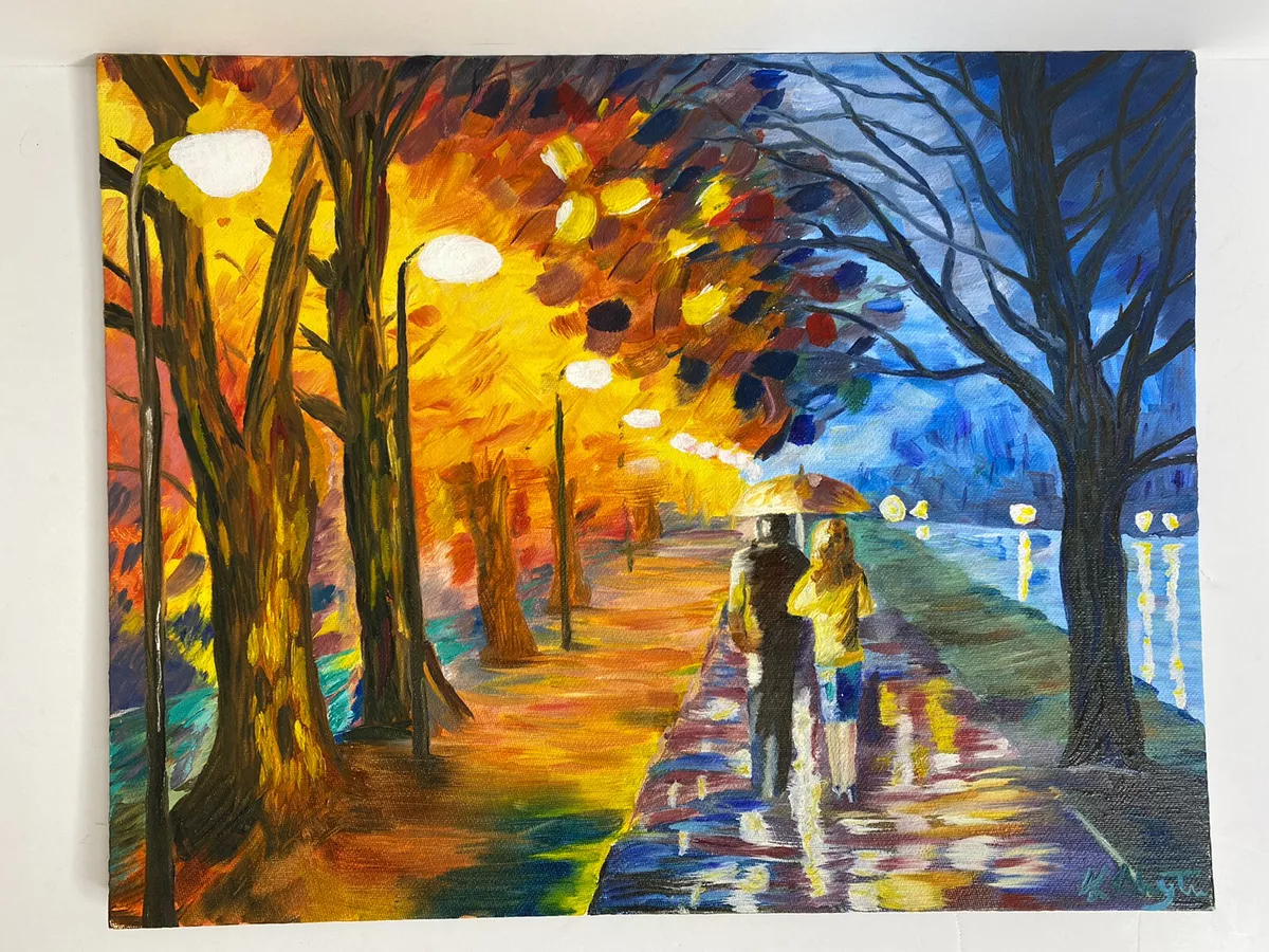 Modern Art Acrylic Painting Couple Walking Under Street Lights