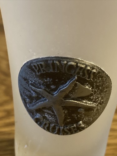 Vintage PRINCESS CRUISES Shot Glass 3-1/2"T Frosted w/ Metal emblem, Design # 1 - Picture 2 of 3