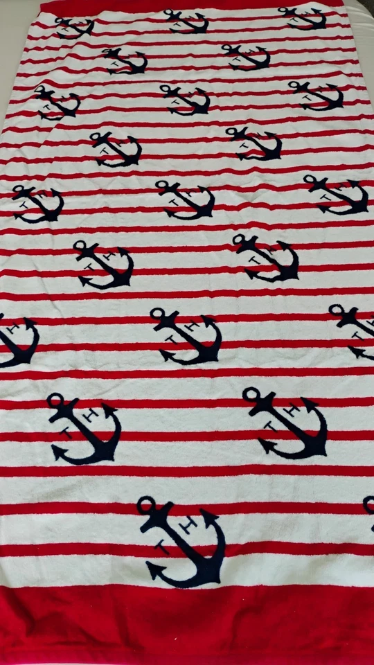Tommy Hilfiger Bath Towel & Washcloth Set Red White & Blue Anchor Nautical EUC - Image 3 of 4