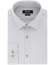 DKNY Mens Checked Button Down Dress Shirt, Purple, 17" Neck 34"-35" Sleeve