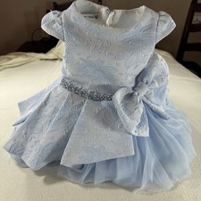 Gold Kids Elegant Blue Dress with Bow Embroidered Brocade Tulle Sz 2-3 Years/98