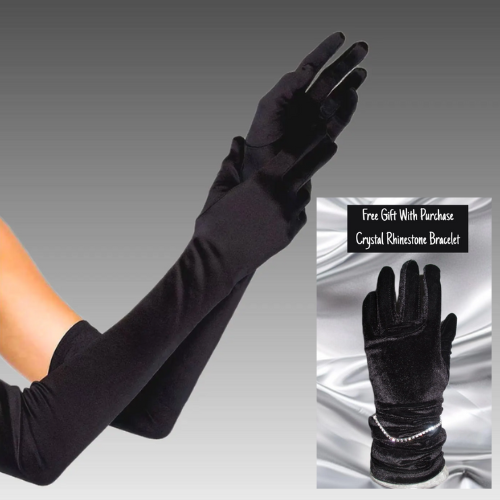 Black Velvet Gloves Women Over Elbow 21in Opera Length +FREE Rhinestone Bracelet - Picture 1 of 9