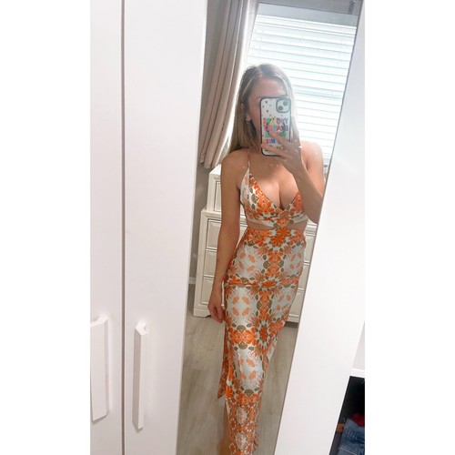 Maxi Vestido House of Harlow 1960 Nuevo con Etiquetas Estampado Satinado Recortado Naranja Talla XS - Imagen 2 de 8