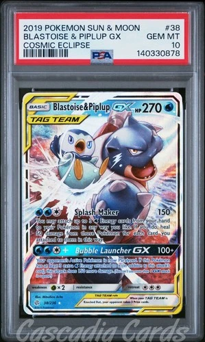 PSA 10 Blastoise & Piplup GX 38/236 Cosmic Eclipse Pokemon
