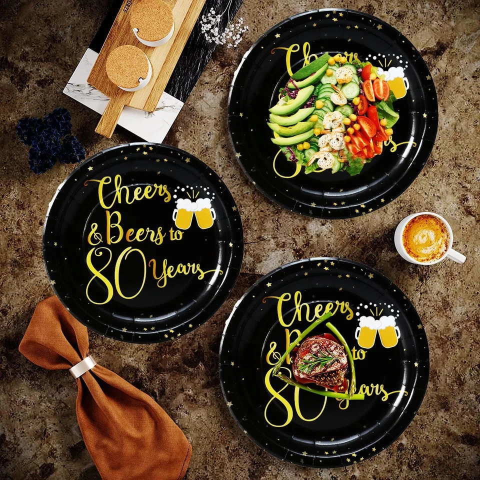 50Pcs 80Th Birthday Plates 80Th Birthday Party Supplies 7"80Th Dessert Plate Che - Imagem 4 de 4