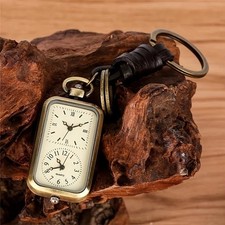 Bronze Square Quartz Pocket Watch Keychain Pendant Retro Antique Style