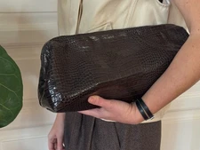 Handmade Dark Brown Croc-Embossed Leather Clutch East West Handbag 2026