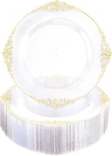 100 Pieces Gold Plastic Plates - Clear Gold Disposable Plates - 10.25inch Clear