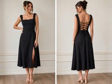 ASTR The Label Black Crinkle Midi Dress Corset Lace Up Back XL NWT