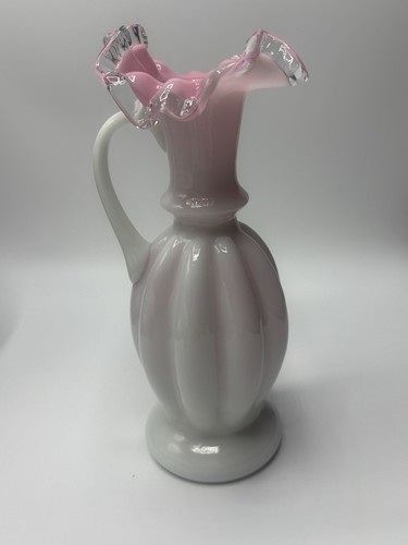 Fenton Milk Glass Pitcher Vase Peach Crest Melon 9” MCM Ruffle Vintage - Picture 4 of 11