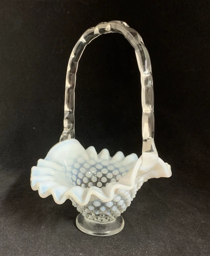 Vintage MCM Fenton French Opalescent Hobnail Basket Clear Handle