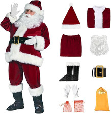 Santa Claus Costume for Men 9PCS Soft Velvet Santa Suit Adult Men Reusable Pro