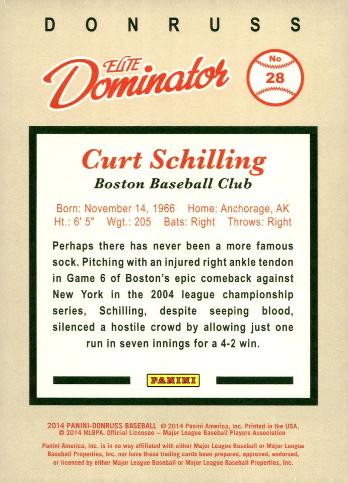 2014 Donruss #28 Curt Schilling Elite Dominator Series 1 #/999 - Image 2 of 2
