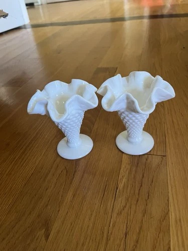 Pair of Vintage Fenton Hobnail White Milk Glass Ruffled Vase Cone Miniature 4”