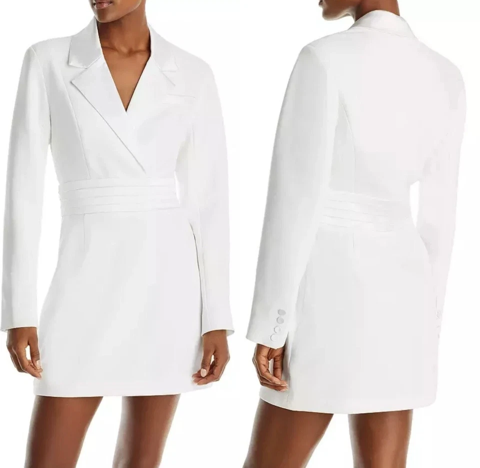 NEW AQUA White RILEY BLAZER Tuxedo CREPE Satin Lapel WEDDING Bridal MINI DRESS - Image 2 of 4