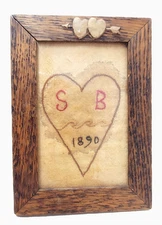 Oak Framed Vintage Antique Embroidered Picture - S B in a Heart 1890 - 5" x 7"