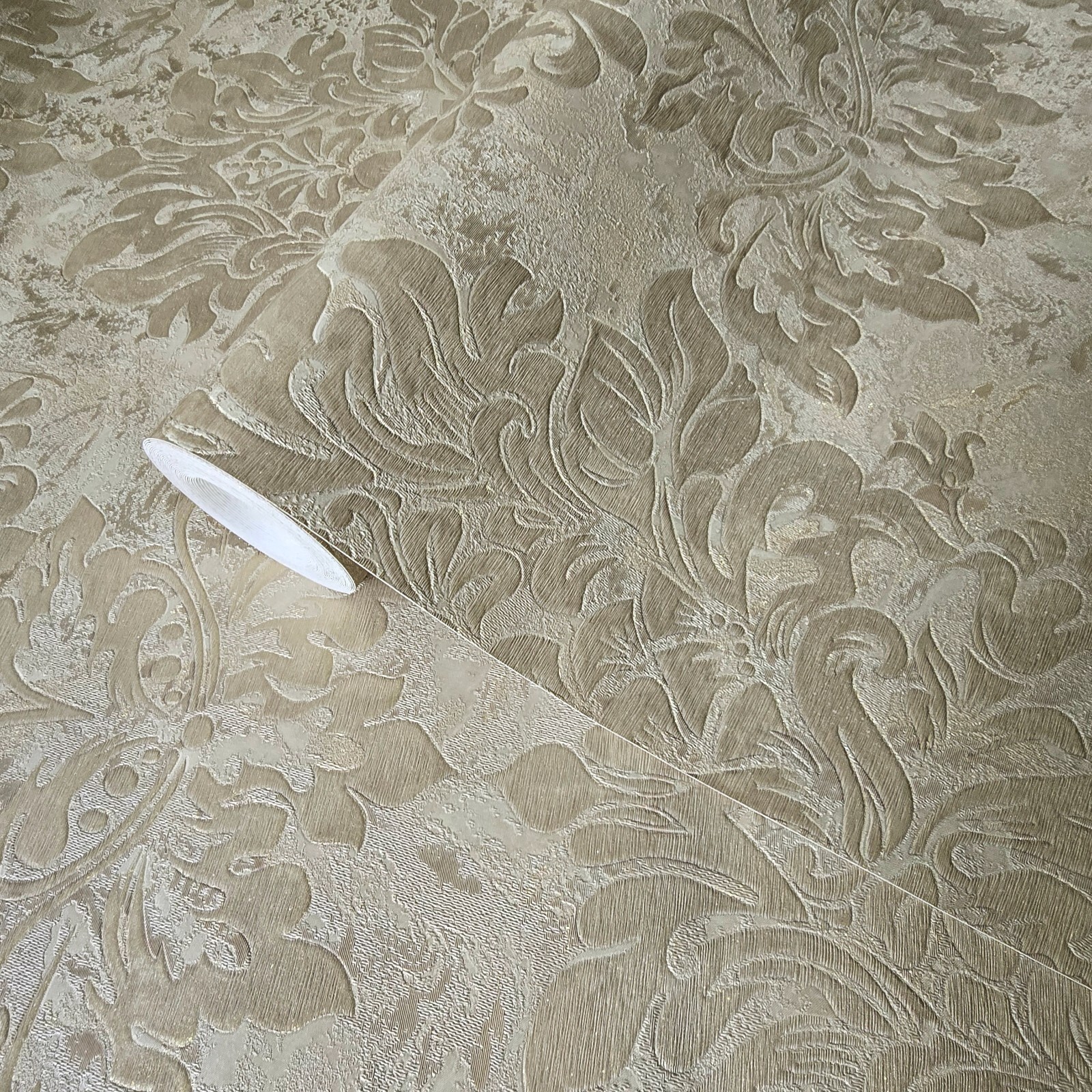 Taupe tan cream gold metallic Victorian floral damask plaster textured ...