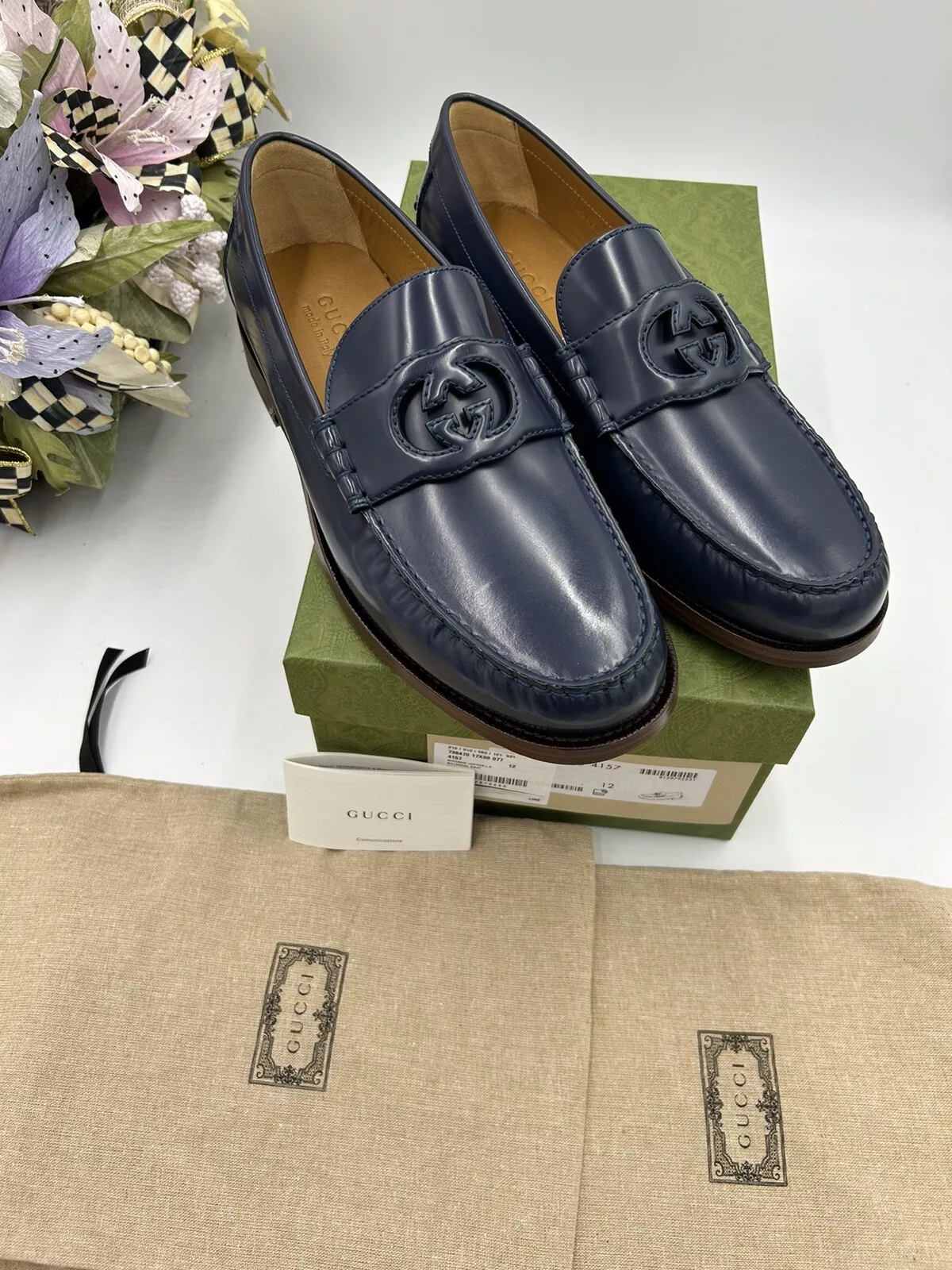 Mocassins en cuir Gucci imbriqués pour hommes taille 12 fabriqués en Italie semelles de cordonnier