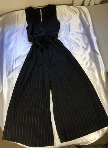 Torrid 1 Piece Jumpsuit Black Pinstripe Back Key Hole Wide Leg Tie Size 1