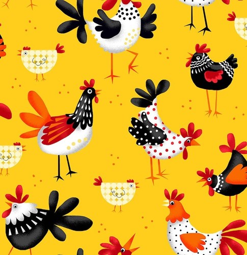Flannel Chickens and Roosters on Bright Yellow BTY Oasis Fabrics- Adorable! Soft