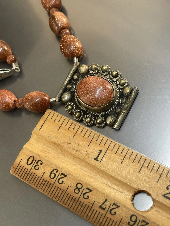 "Collar colgante de piedra dorada con cuentas de plata esterlina 925 Lucoral firmado de colección 19"" LEER Foto 2 de 4