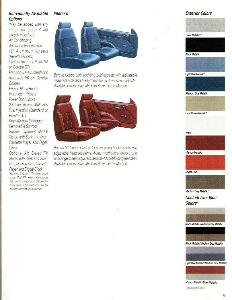 1989 Chevy BERETTA Brochure/Catalog with Color Chart GT,GTU, eBay