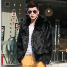 Men Fur Coat Faux Fox Fur Turn-down Collar Overcoat Warm Full Fur Jacket Outwear