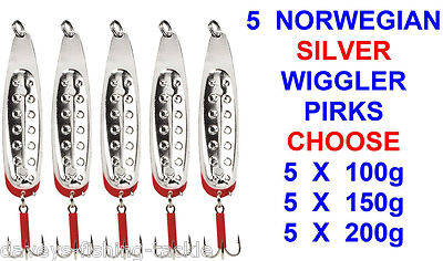 5 NORWEGISCHE SILBER WIGGLER PIRKS MEERESANGELN NORWEGEN TROLLING BOOT RUTE DORSCH KÖDER