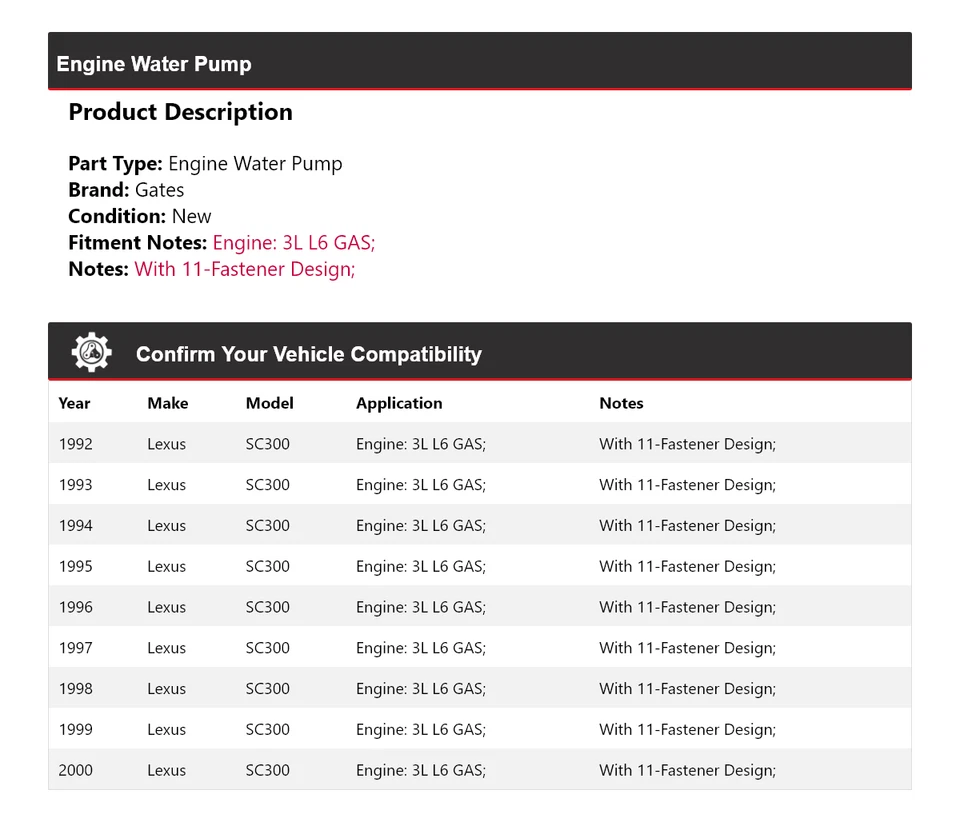 Para Lexus SC300 1992-2000 3L L6 motor de gasolina bomba de agua puertas 1993 1994 1995 1996 Foto 2 de 4