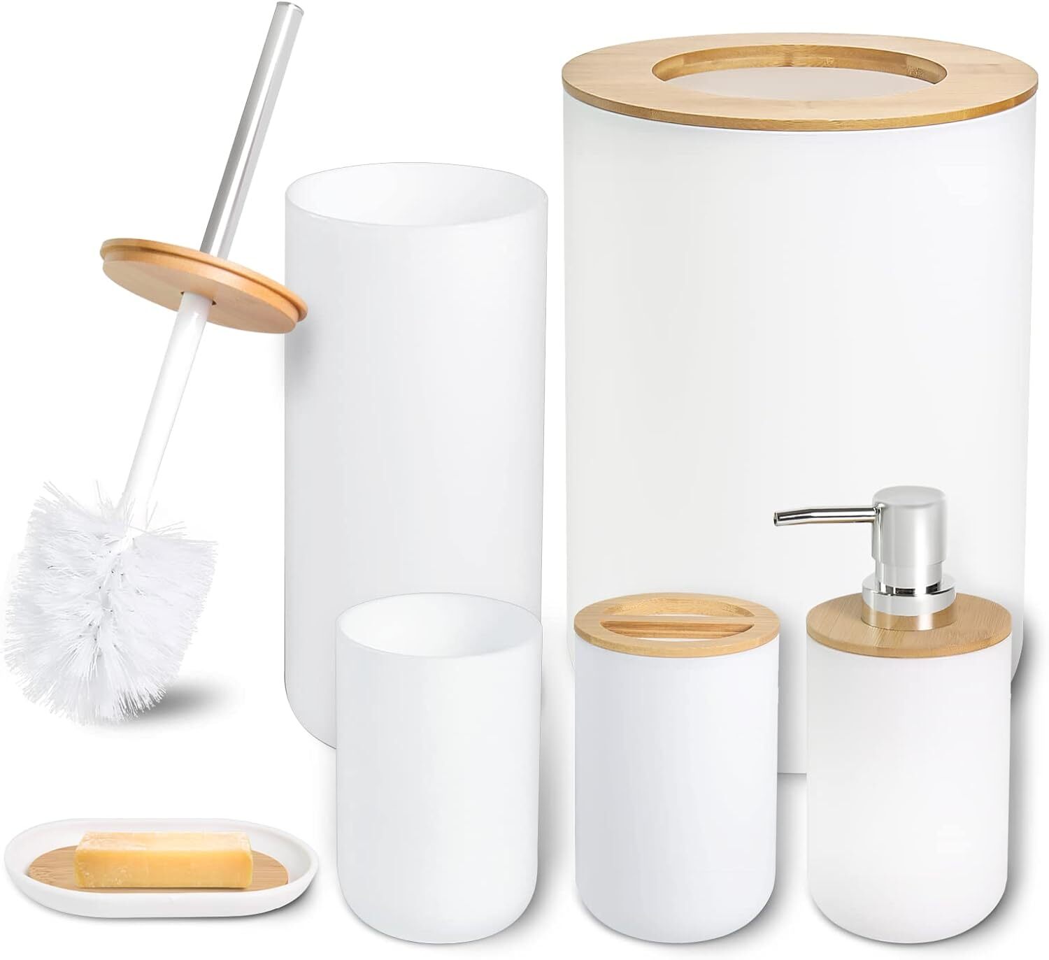 6 Pcs White Bathroom Accessories, Bamboo Includes