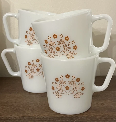 Vintage PYREX Coffee Cup Mugs SUMMER IMPRESSIONS Brown Flower D-Handle Set of 4