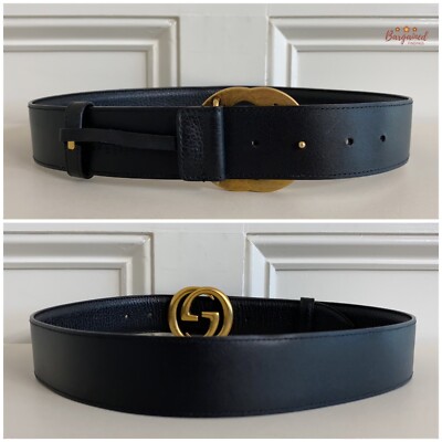 Authentic Gucci Black Pebbled Calfskin Leather Gold Double G
