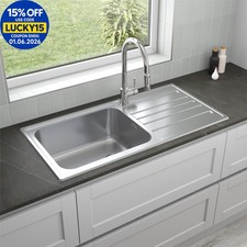 1 Bowl Kitchen Sink Large Deep Inset Reversible Drainer Waste Stainless Steel