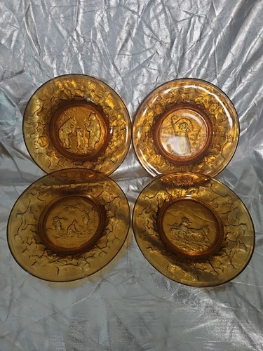 Tiara Indiana Amber Glass Children's Nursery Rhyme Plates VINTAGE Set Of 4