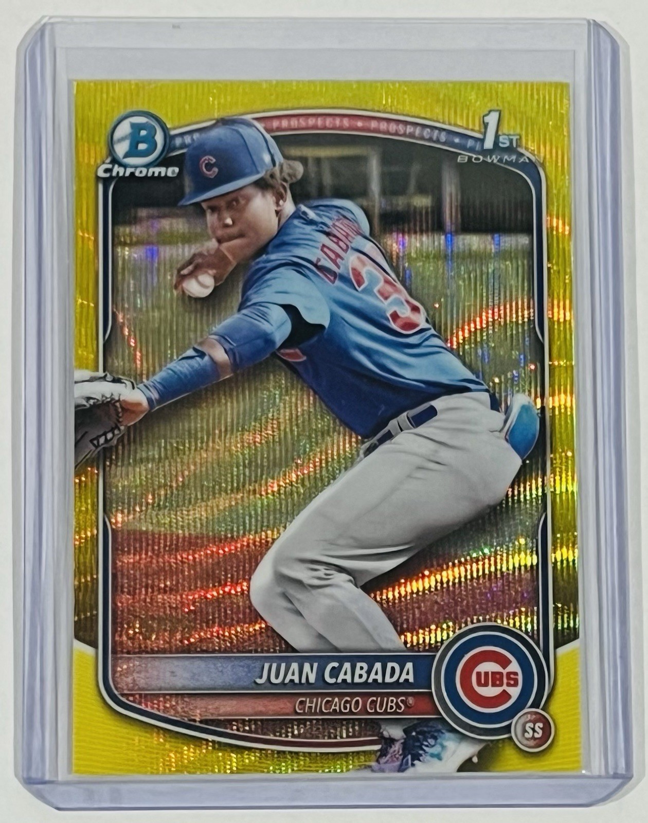 Juan Cabada 2025 1st Bowman Chrome Prospects Yellow Wave Refractor /75 Cubs